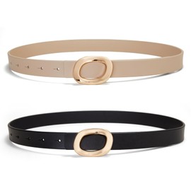 YooAi - Cinturón de piel delgado para mujer con hebilla ovalada dorada para pantalones de vestir, Negro+beige (paquete de 2), M: Fit Waist 30"-34"
