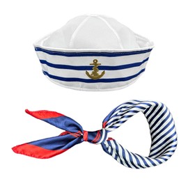 TSHAOUN Sailor Hat Scarf Set for Men and Women Blue White Striped Sailor Hat and Red Blue Scarves for Theme Party Cosplay Fancy Dress Carnival Photo Props Accessories (Pack of 2)