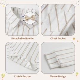 Volunboy Baby Boys Gentleman Suit, Formal Bow Tie Romper + Suspenders Pants + Beret Hat 5PCS Outfit(Tag Size 73,9-12 Months,Khaki Stripes