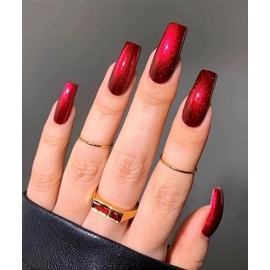 24PCS Press On Nails, Cat' Eyes Short Long Almond Square Coffin Ballet Shape, glue on nails, stick on nails Fake False Nails for Women and Girls (Long Ballet Red)