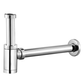 Designer Siphon Chrome Syphon for Washbasins and Washbasins, Bottle Siphon 1 1/4 x 32 mm, Height-Adjustable Immersion Pipe, Universal Odour Trap with Cleaning Hole, Rubber Sleeve