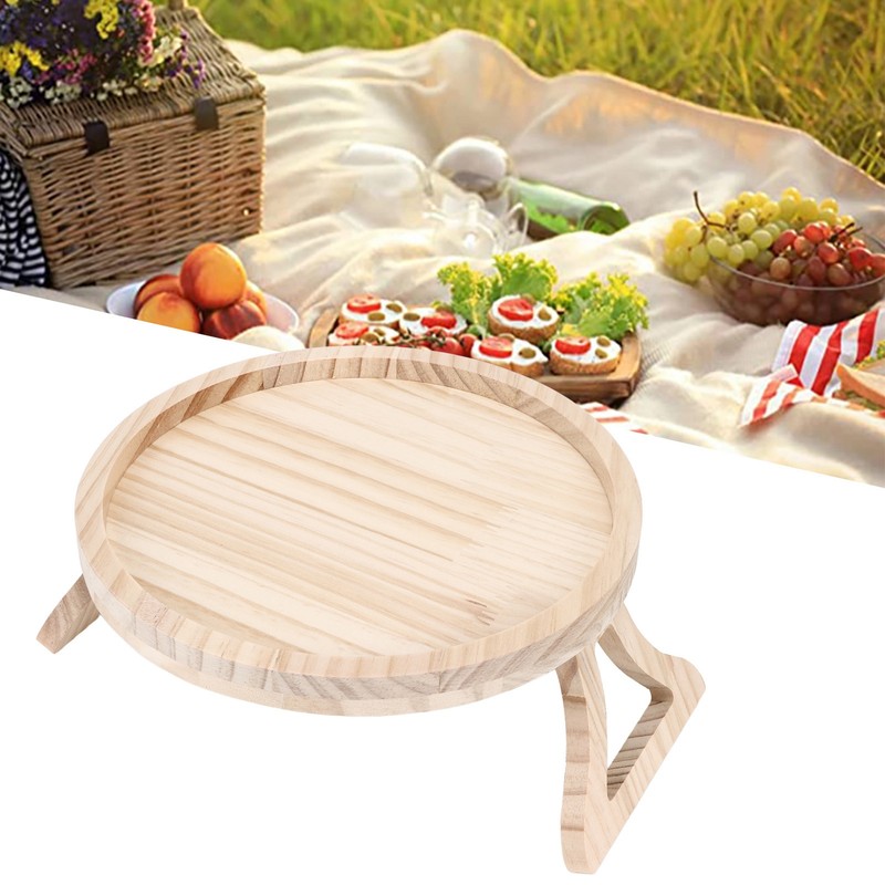 Clip On Tray Natural Bamboo 9.8in Round Home Couch Sofa