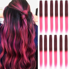 12 Pcs Black＋Hot Pink hair extensions 22 Inch Straight colored hair colorful clip hair in extensions Highlight Party for Kids Girls and Women Gift(Black＋Hot Pink,59)