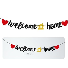 Welcome Home Banner, Black Glitter Welcome Back Home Yard Sign Family Party Supplies Funny Party Decor for Family Celebrations Housewarming Military Army Homecomings Theme Parties
