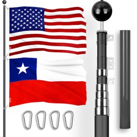 G128 Combo Pack: 25 Ft Telescoping Aluminum Flagpole (Black) & American and Chile Flags 3x5 Ft, Both ToughWeave Series Embroidered Polyester | Pole with Flags Included