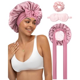 WELROG Double Layer 19 Momme Silk Sleep Cap with Silk Hair Bands and Adjustable Sleep Mask - Perfect for Relaxation and Hair Care