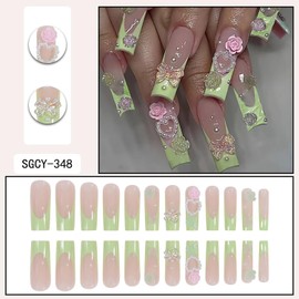 FIEONCIY Press on Nails Coffin Long Length Acrylic Glossy Full Cover Square Shaped French False Nails with Designs Artificial Extra Long Fake Nails with Charms Glue ons Fingernails for Women(SGCY348)
