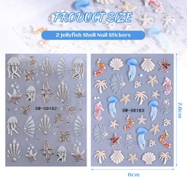 CharmBurst 2 Stück Sommerliche 5D Nagel Sticker Selbstklebend, Embossed Nail Aufkleber Muschel Design, Nagel Deko Aufkleber Nägel, Nailart Zubehör Gelnägel Folie