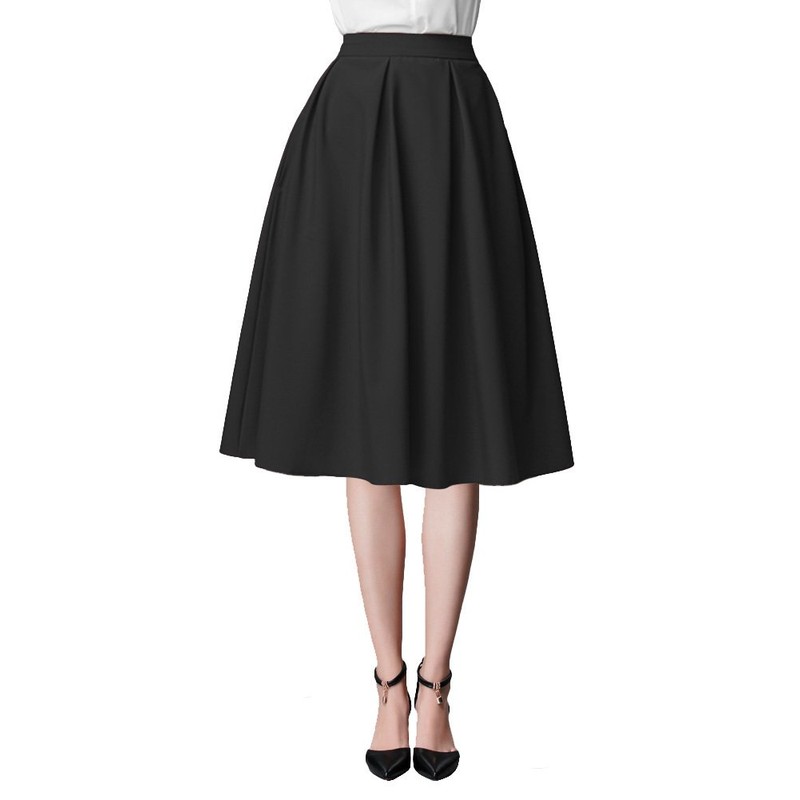 Urban GoCo Women's A-Line Pleated Flared Midi Skirt - Black