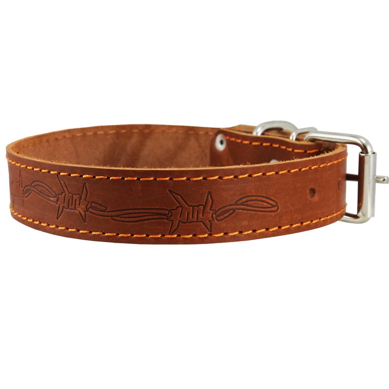 Genuine Leather Dog Collar Barb Wire Pattern Brown 4 Sizes