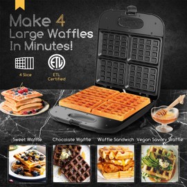 Aigostar Waffle Maker, 4-Slice Nonstick Waffle Iron, 1400W Square Waffle Machine with Indicator Lights for Hash Browns, Snacks, Breakfast & Lunch, Easy to Clean, PFOA Free, ETL Certificated, Black