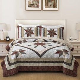 HUANXULISI Rustic Star Patterned California King Size Quilt Set Handmade Inspired Bedding with Pillow Shams red and White Patchwork Quilt Perfect for Farmhouse Style Bedroom Decor
