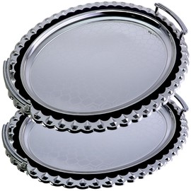 Maro Megastore (Pack of 2) 17.8 inch x 13 inch Oval Chrome Plated Silver Serving Tray Stylish Design Floral Engraved Blue Edge Party Decorative Birthday Gift Dessert Platter Plate NC-105