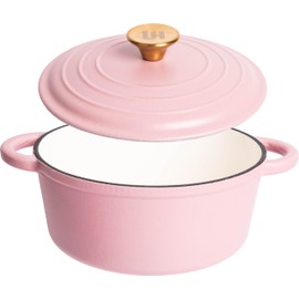 Lexi Home Cast Iron Enameled Dutch Oven Pot with Lid 2.8 qt, Sauce Pan, Pasta Server, Stove Top Pot, Dish for Sourdough Bread, Slow Cooking Chicken, Soup & More, Kitchen Cookware - Matte Pink