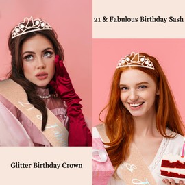 CURASA Birthday Sash and Crown for Women 21st Birthday Sash Rose Gold Birthday Crown Adult Women Rhinestone Birthday Tiara Rose Gold 21 & Fabulous Sash Birthday Decoration for Party Gifts