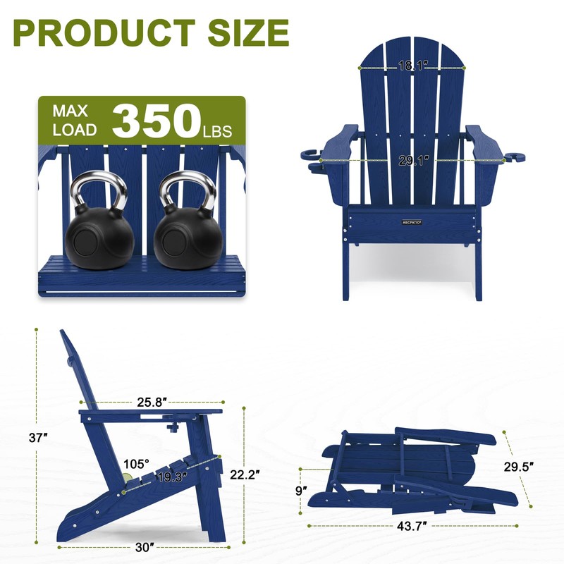 ABCPATIO Folding Adirondack Chair with Dual Cup Holders, All-Weather HDPE