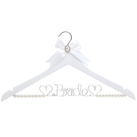HUIDIAN White Solid Wood Bridal Dress Hanger with Bridal Wire Lettering for Bridal Wedding Party Gift (White Coat Hanger Pearl Silver Thread)