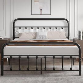 VECELO Queen Metal Platform Bed Frame with Headboard, Heavy Duty Steel Slat Support, Under Bed Storage,No Box Spring Needed, Easy Assembly，Victorian Style