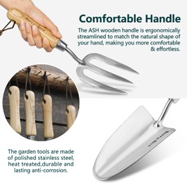 Berry&Bird Garden Tool Set- 3PCS Stainless Steel Gardening Tool Sets with Wooden Handle Trowel Weeding Fork & Digging Shovel Hand Tool Kit for Planting, Ideal Gardening Gift for Women & Men