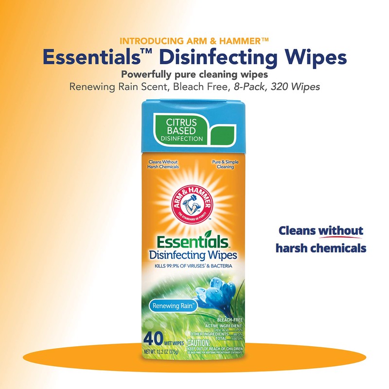 Arm & Hammer Essentials Disinfecting Wipes, Renewing Rain Scent, 40