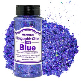 HEMOER Holographic Chunky Glitter, Blue 100 g Chunky Sequin Glitter, Craft Glitter for Resin, Face, Nails, Body, Crafts, Slime Festival Party Art, Glitter Powder for Nails Glitter