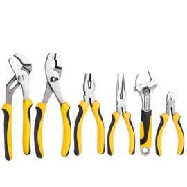 TOPLINE 6-Piece Pliers and Wrench Set, 8” Adjustable Wrench, 10” Groove Joint, 10” Slip Joint, 8” Linesman, 8” Long Nose, 6” Diagonal Pliers for Home Repair and Daily Use