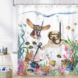 Torich Funny Cat Shower Curtain for Bathroom, Cool Scuba Diving Cat Dog Kids Decor Bath Curtains, Tropical Fish Coral Underwater Sea Ocean Animal Shower Curtain with Hooks 69 x 70 Inchs