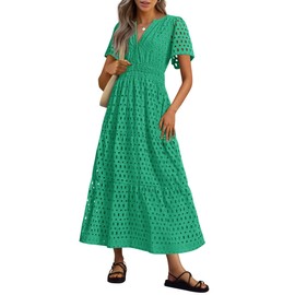 PRETTYGARDEN PRETTYGARDEN Womens 2025 Summer Maxi Dress Short Sleeve V Neck Hollow Out Eyelet A Line Long Flowy Beach Vacation Dresses (Green,Small)