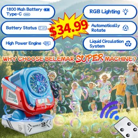 2025 Upgraded Bubble Machine with Remote Control, Automatic Rotation & RGB Lights, 1800mAh Rechargeable Battery, Type-C Charge, Bubble Maker for Kids, Weddings, Birthday Parties, Outdoor Activities