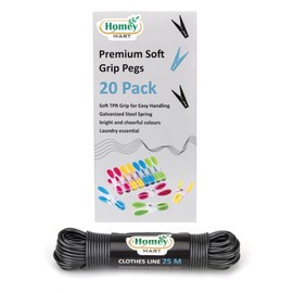 25m Washing Line Rope Strong Steel Core 3.5mm thickness Indoor-Outdoor Weather Resistant PVC Laundry Clothes line – Grey & Set of 20 Premium Soft Grip Clothes Pegs - Assorted Bright Colours