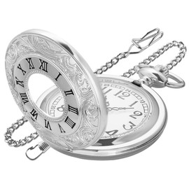 Realpoo Silver Hollowed Out Roman Covered Quartz Pocket Watch for Men, Arabic Numerals White Dial Pocket Watches with Chain for Men-Silver