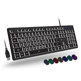 X9 Large Print Backlit Keyboard | Wired Light Up Computer Keyboard for PC Desktop Computer and Laptop - Easy to See and Type Illuminated Large Keys for Seniors and Elderly with 7 Backlight Colors