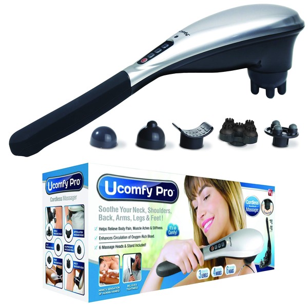uComfy Pro 1679 Rechargeable Handheld Deep Tissue Percussion Massager for Back Neck Shoulders Leg Foot and Sore Muscle Therapy with Electric Charging Stand and Massaging Heads As Seen On TV