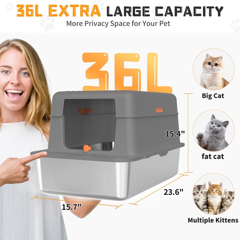 Erinaik Stainless Steel Litter Box with Lid, 36L Extra Large