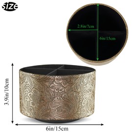 Jasenna Round Leather Art Supply Organizer,Remote Control Holder,360 Degree Rotating,Multi-Functional Pencil Holder,4 Compartments Desktop Stationary Organizer(1-Carving Gold)