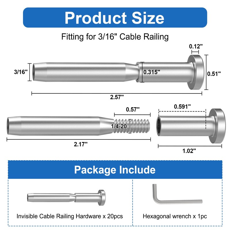 CKE 20 Pack 3/16" Invisible Cable Railing Kit, Invisible Receiver