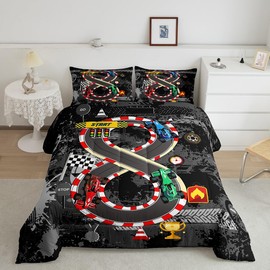 Castle Fairy Sport Racing Comforter Set for Kids Adults,Retro Abstract Racing Track 3D Race Car Bedding Comforter Sets Twin,Extreme Racing Sports Boys Teens Quilt Comforter with 1 Pillowcase