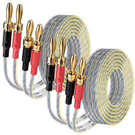 Mygatti 2 Pack 16/2 Speaker Flat Wire Cable with Banana Tip Plugs 15 FT, CL3 Rated, 16 Gauge AWG Wire, Tinned OFC Copper, Transparent Jacket with Yellow Polarity Marker, for Indoor & Outdoor, Hi-Fi