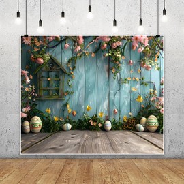 Leowefowa 10x8ft Easter Backdrop Spring Easter Colorful Eggs Floral Plant Background for Photography Blue Wood Wall Rabbit Newborn Theme Kids Baby Shower Birthday Party Decor Photo Studio Props