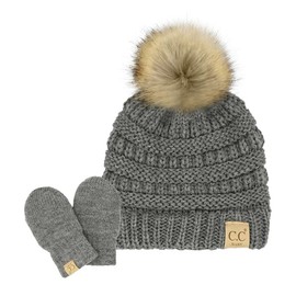 C.C Babies' Winter Cable Knit Beanie and Fuzzy Lined Mitten Set, Faux Fur Pom Light Melange Gray