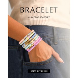 CCINPPY Friendship Bracelets Trendy Heishi Clay Bead Bracelets Stack Gold Beaded Stretch Bracelets for Women Boho Stackable Bracelets Bulk Cute Preppy Jewelry Christmas Birthday Gift, Pastel