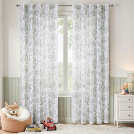 jinchan Linen Nursery Curtains 90 inch Long Woodland Wildlife Sage Green Print Drapes for Kid's Room Light Filtering French Country Farmhouse Curtains with Bunny and Forest Design Set of 2 Panels