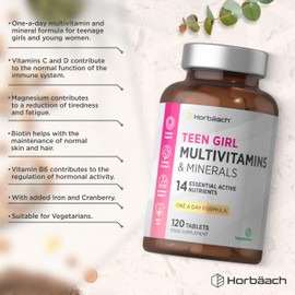 Multivitamin Tablets for Teen Girls | 120 Count | 14 Essential A-Z Vitamins and Nutrients | with Iron, Vitamin B12, Folic Acid and Magnesium | Vegetarian | by Horbaach