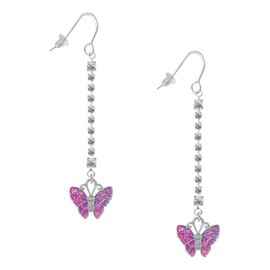 Delight Jewelry Silvertone Hot Pink & Purple Butterfly Silver-tone Long Sparkle Dangle French Earrings