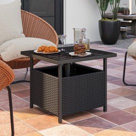 HAPPYGRILL Wicker Patio Umbrella Table with 1.57” Umbrella Hole, Outdoor Rattan Side Table with Heavy Duty Metal Frame, 22” Square PE Rattan End Table for Deck Backyard Poolside (Black)