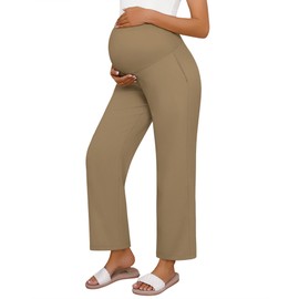 Huukeay Women's Cotton Linen Maternity Pants, High Waisted Lounge Pregnancy Pants Over The Belly Trousers with Pockets(Khaki,Small)