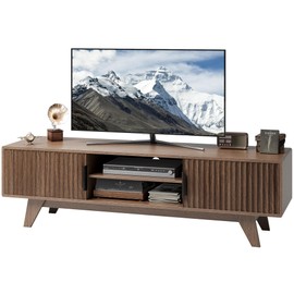 Claiks Mid-Century Modern TV Stand for 65 inch TV, Wood Fluted TV Stand with Storage and Adjustable Shelves, Low Profile TV Console for Living Room, Walnut