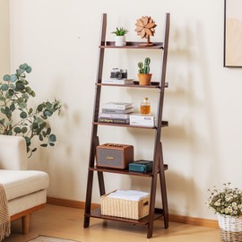 Maydear Bamboo Ladder Shelf Bookcase, 5-Tier Leaning Bookshelf Free Standing Organizer Storage Shelves for Living Room, Bedroom, Kitchen, Home Office, Balcony, Walnut