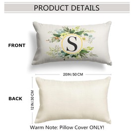 Snylcee Monogram Letter S Throw Pillow Covers Floral 12x20 Inch, Greenery Spring Pillows Decorative Throw Pillows Pillowcase Summer Farmhouse Decor for Couch Sofa, Family Last Name Initial Pillow Case