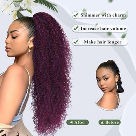 Alebery 27 Inch Drawstring Ponytail Extension for Black Women Deep Curly Ponytail Extension Synthetic Mixed with Human Hair Hairpieces Afro Kinky Curly Pony Tail for Daily Use (Rose Purple)
